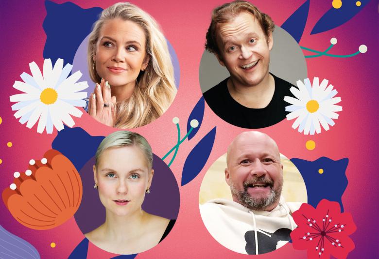 Kuvassa ovat näytelmän neljä näyttelijää kasvokuvissa pallon sisällä.  Tausta on violettia ja pinkkiä ja siinä on kaksi valkoista päivänkakkaraa sekä kaksi oranssia kukkaa. Vasemmassa nurkassa on harmaa suuri kissankello. 