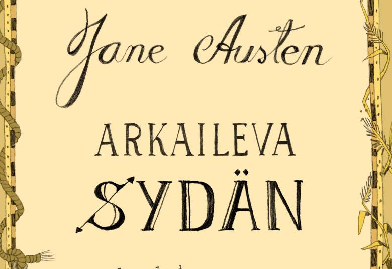 Kuvassa on kapein isoin kirjaimin Arkaileva sydän ja yläpuolella kirjoituskirjaimin Jane Austen. Tausta on kellertävä ja molemmissa sivuissa on koristejuovat sekä ruskehtavat reunukset.