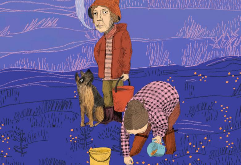 Kuvassa on keskellä piirroksena seisomassa mies punainen ämpäri kädessään. Hänellä on ruskea pipo ja ruskea pusakka päällään.  Hänen vierellään on koira ja hänen edessään on nainen poimimassa marjoja. Naisella on punertavan ruskea ruudullinen pusero päällään.  Hänen kädessään on sininen muki ja vieressään keltainen ämpäri. Maasto on tumman violetti ja taivas on vaalean violetti.