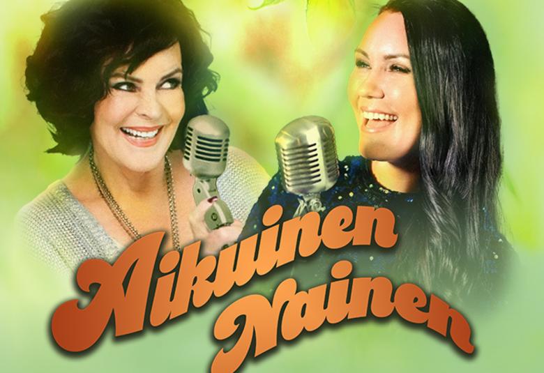 Kuvassa on vaalean vihreällä pohjalla  Paula Koivuniemen ja Saija Tuupasen kasvokuvat. Heidän edessään on vanhanaikaiset mikrofonit. alla on isoin ruskein, koukeroisin kirjaimin Aikuinen nainen.