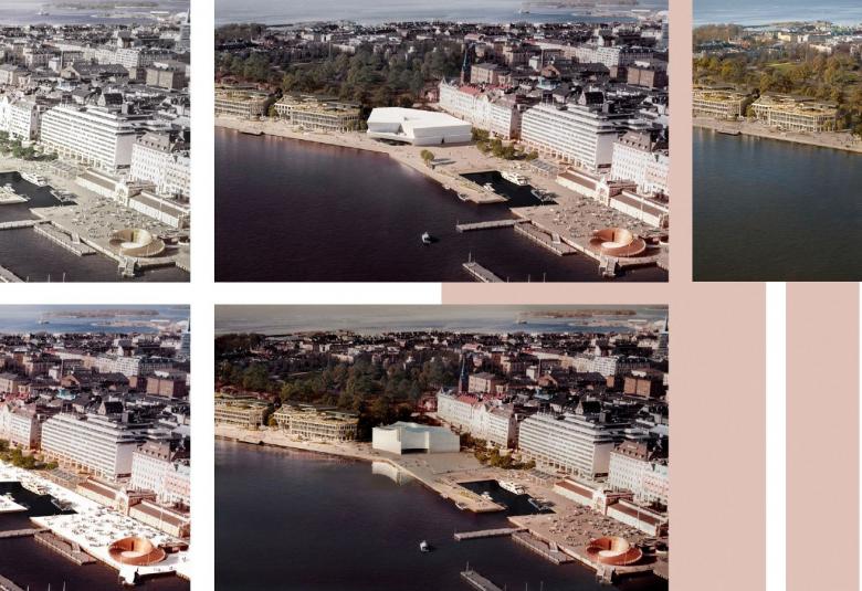 Kuvassa on viidellä ruudulla ilmakuvana ehdotukset, joissa on havainnekuvina sijoitettu ehdotetut uudet rakennukset.