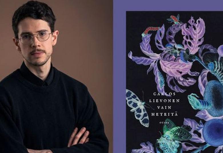 Kuvassa on vasemmalla Carlos Lievonen puolivartalokuvassa erillisessä kuvassa.  Hänellä on tummat hiukset ja musta pusero päällään. Tausta on ruskea. Toisella puolella on kuva kirjan kannesta, jossa on violetteja heteitä ja kirjan nimi Carlos Lievonen Vain heteitä.