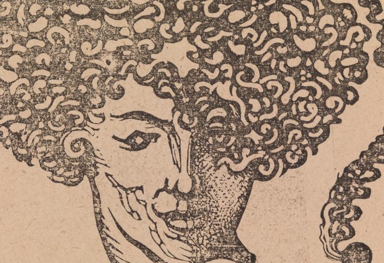 Kuvassa on vaalean ruskealla pohjalla naisen kasvot ja kiharat hiukset mustalla maalattuna.  