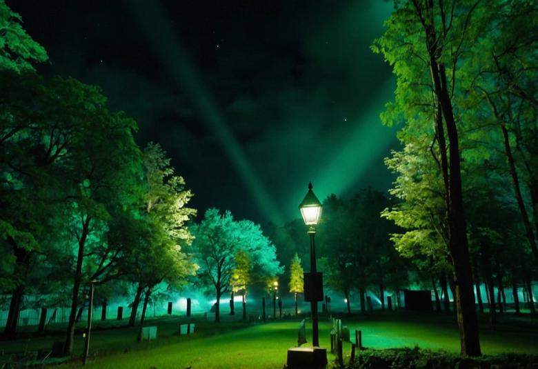 Kuvassa on Kari Kolan havainne kuva Esplanadin puistosta puurivistä valaistuna vihreällä.