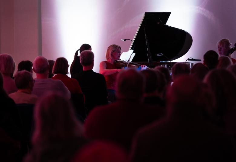 Kuvassa on ylempänä pianisti flyygelin ääressä soittamassa ja näkyy tummana.  Etualalla on yleisöä myös tummana.