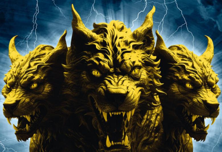 Kuvassa on kolme lohikäärmeen päät mustana eri suuntiin ja taustalla on tumman sinistä sekä päistä lähtevää savua.  Kuva on osa kirjan Zeus kantta.