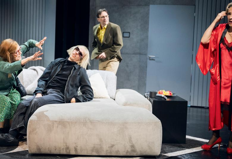 Kuvassa ovat olohuoneessa , jossa on vasemmalla iso kulmasohva. Vasemmalla on vihreässä puserossa ja hameessa. Hänellä on kädet ojennettuna eteenpäin kohti sohvalla löhöasennossa istuvaa Saska Pulkkista kohti. Takana on Janne Kallioniemi ruskeassa takissa seisomassa. Oikealla on Teija Auvinen seisomassa ja puhumassa puhelimeen. Hänellä on punainen yöpuku ja aamutakki päällään. 