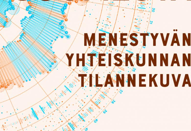 Kuvassa on vaalea karttapohja, jossa on puolipyöreästi koordinaatteja, jossa on vaalean sinistä ja ruskeita nuolia.  Reunalla on valkoista. Oikealla on kirjan nimeä isoin ruskein kirjaimin Menestyvän yhteiskunnan tilannekuva.