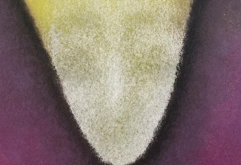 Kuvassa on violetilla pohjalla ylhäältä alaspäin kapenevat himmeät kasvot. Kasvoissa on kellertävää ja harmaata.