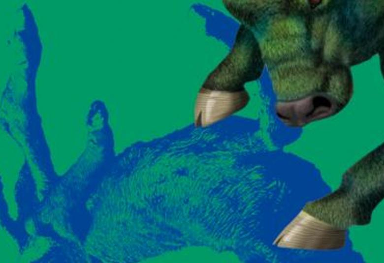 Kuvassa on vihreällä pohjalla oikealla tummaa lehmää ja maassa mustana maalattu vasikka.