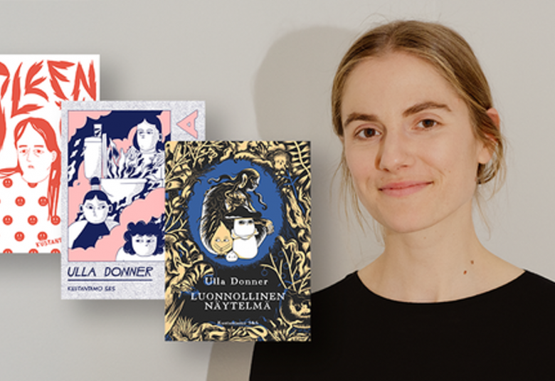 Kuvassa on vasemmalla kolme kirjan kantta vinottain alekkain.  Oikealla on Ulla Donner puolivartalokuvassa ja hänellä on hiukset takana sekä musta t-paita päällään.  