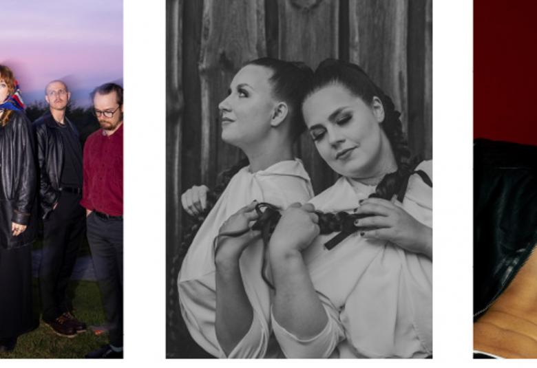 Kuvassa on kolme erillistä kuvaa. Vasemmalla ovat Juhlat yhtyeen viisi jäsentä seisomassa ulkona. Keskellä on musta-valkokuva Peltokurki-duon nuoret naiset seisomassa ja oikealla osa kuvasta, jossa on Left istumassa tummasävyisessä kuvassa.