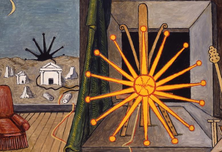 Kuvassa on vasemmalla on ruskea nojatuoli ja taustalla on näkymä, jossa on valkoinen pieni rakennus ja valkoisia pylvään kappaleita harmaassa hiekkadyynissä. Taustalta nousee mustasakarainen aurinko puoliksi ja nurkassa on kuun sirppi. Taivas on harmaa. Oikealla on keltainen sakarainen aurinko. Taustalla on harmaata betoniseinää.