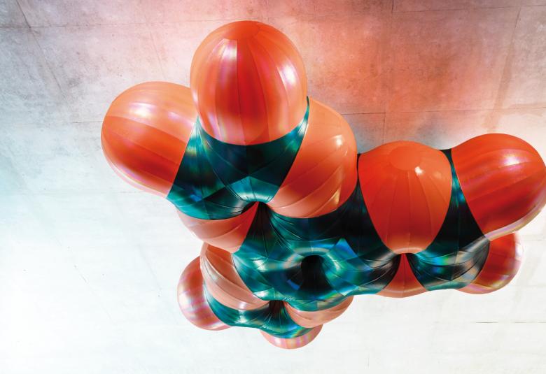 Kuvassa on vaalean sinertävällä valoisalla pohjnaialla muovinen punainen isokokoinen molekyyliryväs.  Siinä tumman vihreitä ohuita muoveja sidoksena.