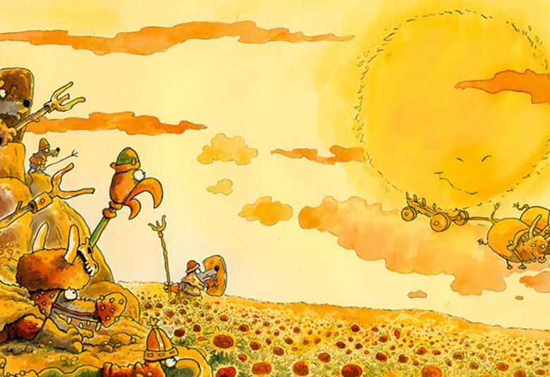 Kuvassa on keltaphjainen kuva , jossa on vasemmalla Koirien Kalevalan hahmoja keihäineen kalliolla.  Maassa on ruskeita kiviä keltaisessa maastossa. Oikealla on iso keltainen aurinko, jota vetävät alla vaunut ja niiden edessä on kaksi possin näköistä otusta ilmassa. 