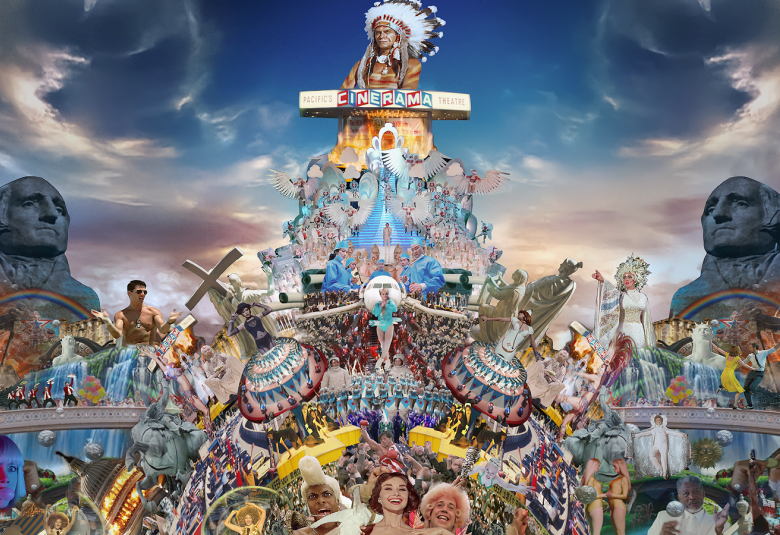 Kuvassa on taustalla sinistä taivasta ja siinä valkoisia eteenpäin työntyviä pilviä.  Keskellä ylhäällä seisoo intiaanipäähineessä oleva mies. Vasemmalla on molemmin puolin isot ruskeat leijonapatsaat. Alla on värikkäästi kirjailtua ihmiskasvoista koostuvaa kollaasia.  