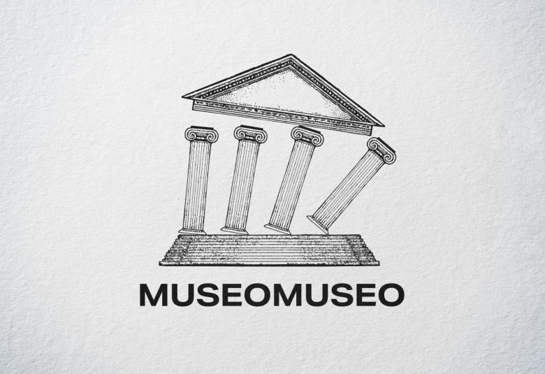Kuvassa on vaalean harmaalla pohjalla piirroskuva antiikkipylväisen fasaadin kaatumisesta. Alla lukee Museomuseo.