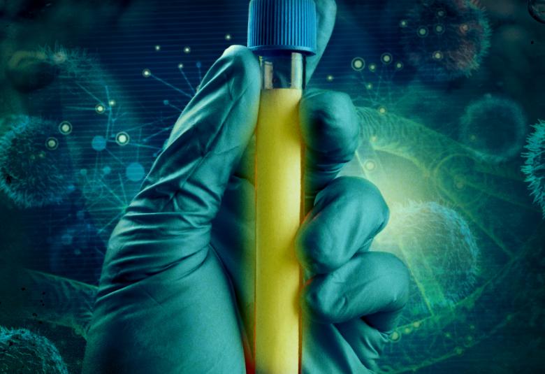 Kuvassa on tummalla pohjalla vaaleassa hansikkaassa oleva käsi, joka puristaa keltaista putkiloa. Kuva on osa kirjan kannesta.