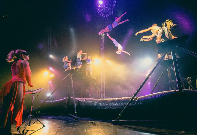 Kuvassa on tummassa tilassa taustavaloa ja etualalla on  vasemmalla punaisessa mekossa nainen selin ja keskellä ryhmä sirkuslaisia ylhäällä olevalla narulla esiintymässä.