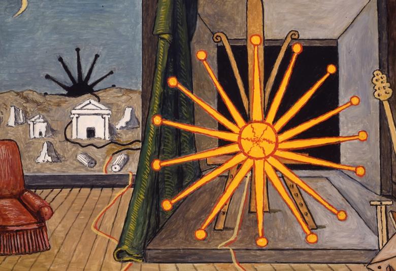 Kuvassa on teos, jossa on vasemmalla ruskea nojatuoli ja seiinää, jossa on klassinen valkoinen rakennus. Takana on harmaata taivasta. Oikealla on iso keltainen sakarainen ympyrä.  