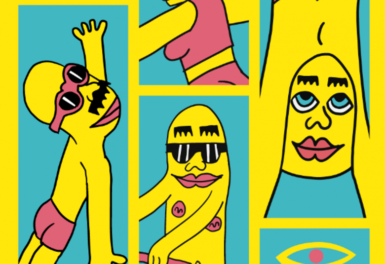 Kuvassa on keltaisella ruudutettu piirroskuvia varten ruudukot. Vasemmalla on turkoosilla pohjalla keltainen mieshahmo, joka sukeltaa ylospäin. Keskellä on yläpuolella naisen vartaloa punaisissa trikoissa ja alla mies seisomassa. Oikealla on turkoosi pitkäkasvoinen mies.