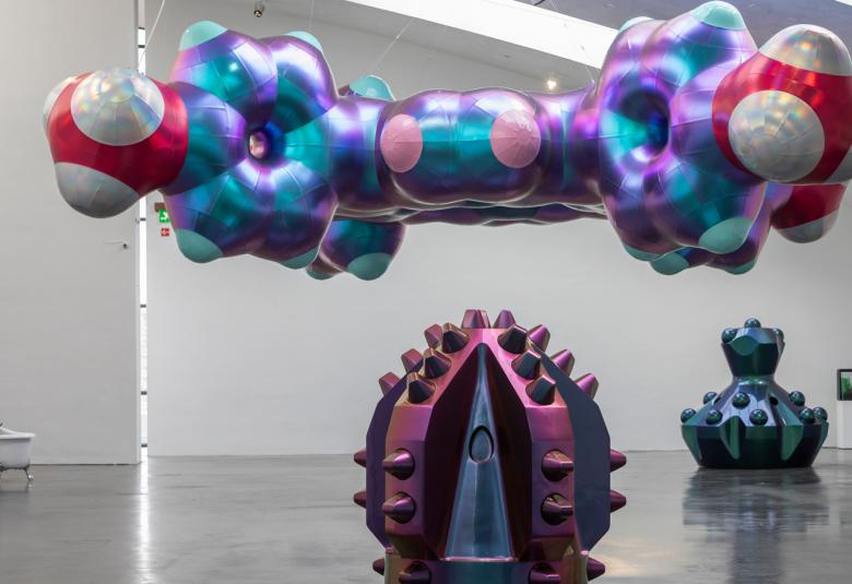 Kuvassa on katosta roikkuva monivärinen pursuileva suuri kumilauttamainen muovinen teos. Lattialla on etualalla puolipyöreä harmaa-violettiraitainen pallomainen teos ja taaemapana siniharmaa alaspäin kapeneva teos. 