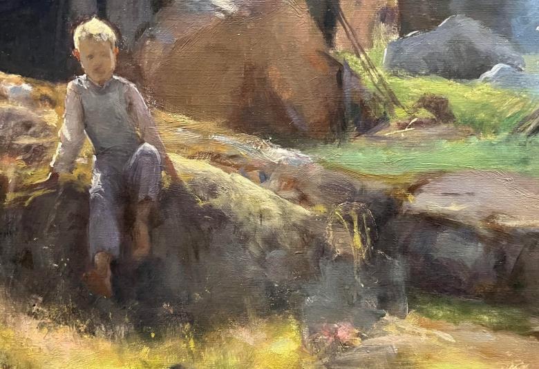 Kuvassa on osa taulusta, jossa on vasemmalla harmaassa puvussa oleva poika istumassa matalalla kalliolla ja taustalla on korkeampaa kalliota sekä hiukan vihreää ruohoa.