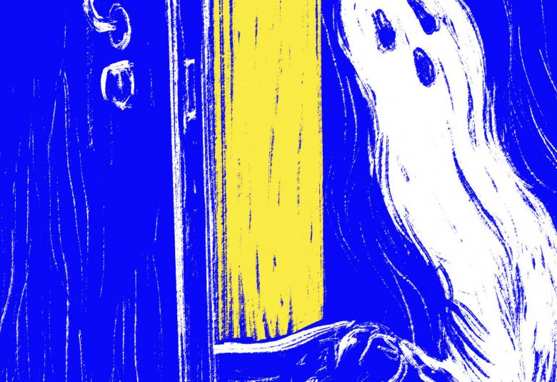 Kuvassa on kirkkaan sinisellä pohjalla valkoisella piirretty avoin ovi ja sen vieessä keltainen pystysuora alue.  Oikealla nousee valkoinen haamu. Alla näkyy käsi kirjoittamassa. Kuva onn osa kirjan kannesta.