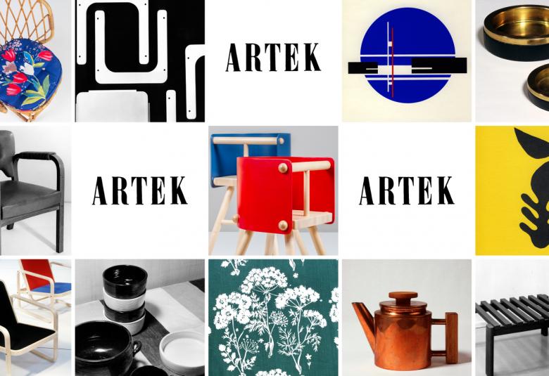 Kuvassa on kolmessa rivissä jokaisessa viisi pientä kuvaa, joissa on erilaisia esineitä kuten tuoleja, kahvikannu, kukkapöytäliina jne. Kolmessa kuvassa lukee Artek.