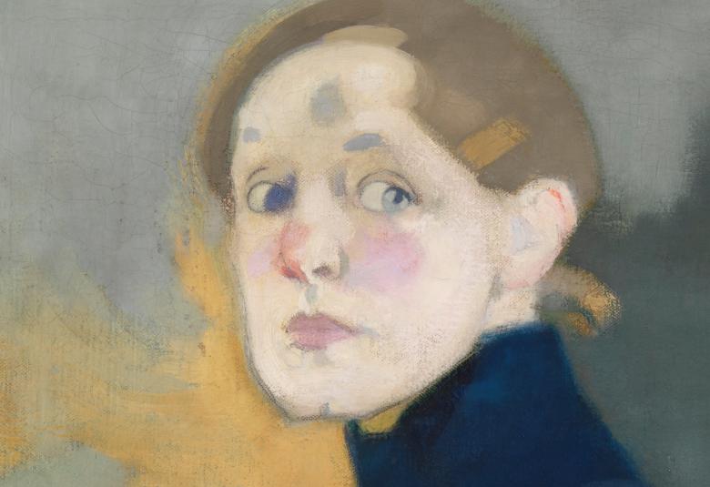 Kuvassa on Helene Schjerfbeckin omat kasvot maalauksessa, jossa on taustalla harmaata ja vasemmassa alakulmassa on kellertävää. Helenellä on musta poolopaita päällään. 