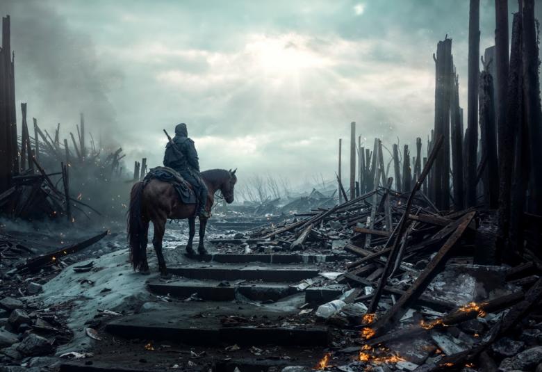 Kuvassa on palaneita puita tien molemmin puolin ja tiessä on portaita. Keskellä on takaapäin hevonen ja sen selässä ratsastaja ase selässään. Taivas on pilvisen tumma.