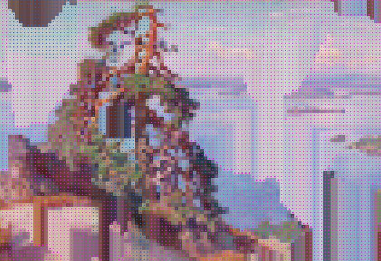 Kuvassa on digitaalinen pistemäinen teos, joka muistuttaa Maisemaa Kolilta -teosta. Etualalla on mänty kalliolla ja taustalla vettä.