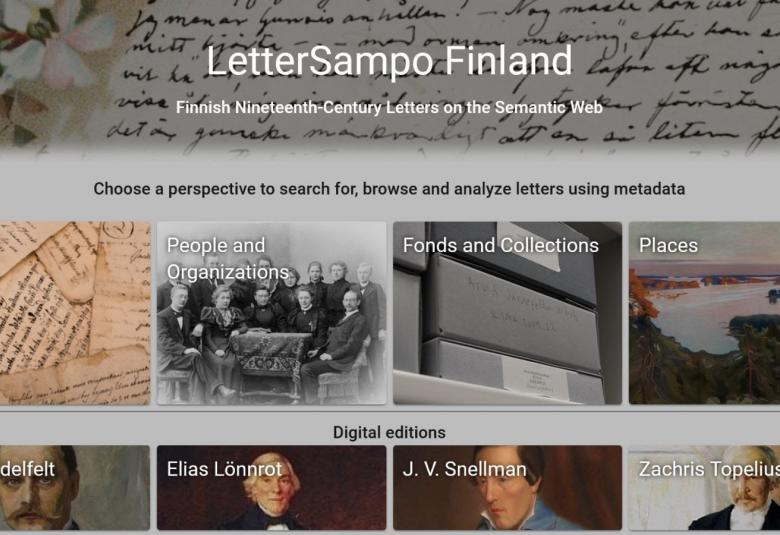 Kuvassa on otsikkona valkoisin kirjaimin LetterSampo Finland ja pohjalla on kirjetekstiä.  Alla on neliömäisissä kuvakkeissa kuvat aiheesta kuten Letters ja siinä kirjeitä.  Alla on henkilöitä kuten Albert Edelfelt ja hänen kuvansa. neliöitä kahdessa rivissä neljä ja alla olevat ovat puolikkaita.