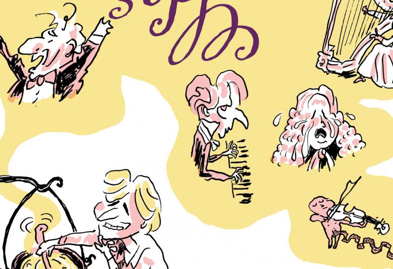  Kuvassa on kelta-valkoisella pohjalla pilakuvamaisia piirroksia, joissa on henkilöitä sekoittamassa kettoa, soittamassa haitaria ja viulua ym. Kuva on osa kirjan kannesta.