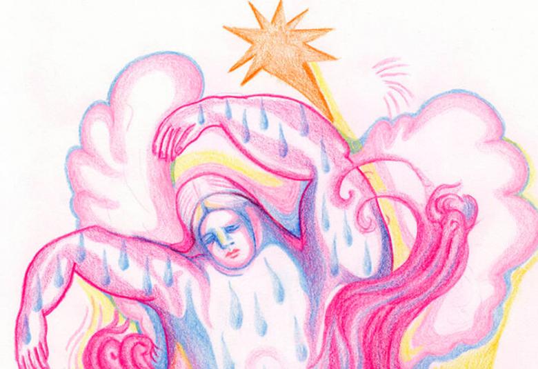 Kuvassa on valkoisella pohjalla punaisilla ääriviivoilla ja naisella on vasen käsi pään yläpuolella sekä silmät sujettuina. Pään ylä puolella on keltainen tähti takana on siipimäiset siivet, joissa on vaalean punaista. Vartalossa on sinisiä vesipisaroita. 