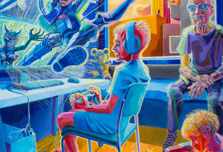 Kuvassa on sinisen ja oranssin värisessä maalauksessa, jossa poika istuu vasemmalla tietokonepöydän ja näytön edessä. Näytöstä nousee ruudusta ulos pelihirviö. Takana istuu lavitsalla vanha mies katsomassa poikaa. Oikealla alhaalla on pienen lapsen pää ja hän on leikkimässä.  