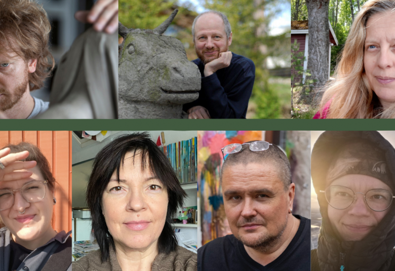 Kuvassa on kahdessa rivissä kasvokuvat seitsimästä taiteilijasta.  Ne ovat kahdessa rivissä ja ylemmässä on kolmen kuvat, joista keskimmäinen nojaa hirven päähän. Alemmassa rivissä on neljä neliön muotoista kuvaa.  