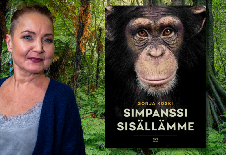 Kuvassa on vasemmalla Sonja Koski sinisessä villatakissa ja vaalean sinisessä puserossa ja taustalla on viidakko kuvaa vihreistä saniaisista. Oikealla on upotettuna kirjan kansi, jossa on iso simpanssin naamakuva.  