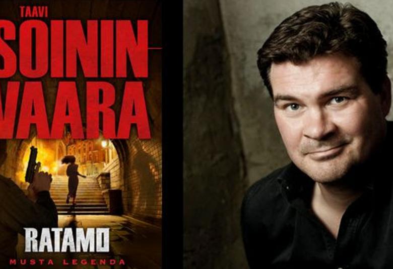 Kuvassa on vasemmalla isoin punaisin kirjaimin Soininvaara ja olal kuva asetta pitävästä miehiestä takaapäin ja enessä on naisen hahmo iltavalaistussa käytävässä, josta näkyy portaita ja klassinen talo. Tausta on tumma. Alla lukee valkoisella Ratamo ja pienellä punaisella Musta legenda. Vasemmalla Taavi Soininvaaran kasvokuva ja hänellä on musta paita ja tummat, lyhyet hiukset.