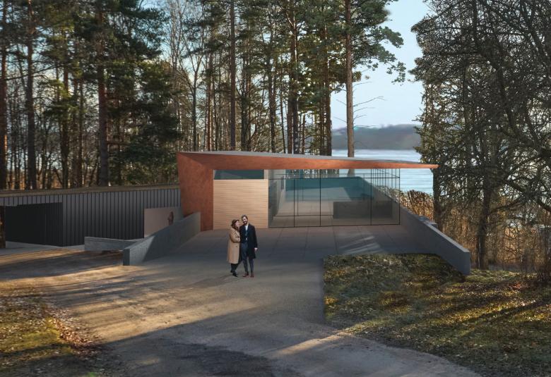 Kuvassa on Tarvaspään päärakennus, josta näkyy vasemmalla tumma vinokatto maahan asti. Takana on valkoinen torni. Edessä on punakukkaista ruuspensasta.  Alla on valkokukkaista ruusua. 