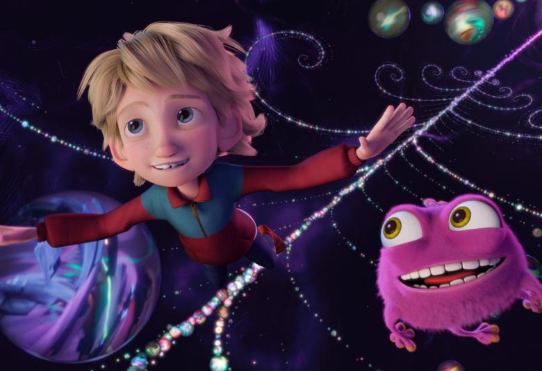 Kuvassa on animaatiohahmo , jolla on vaaleat pojan kasvot ja hiukset sekä vieressä pinkki sammakko. Tausta on tumma.