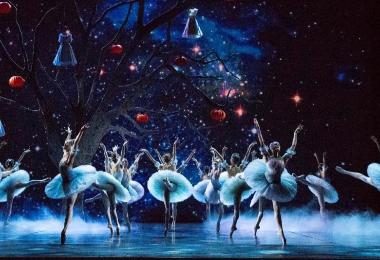 Kuvassa on valkoisissa balettipuvuissa joukko naistanssijoita. Taustalla tummaa tähtitaivasta ja tekopuu. Sävy on tumman sininen kuvassa.