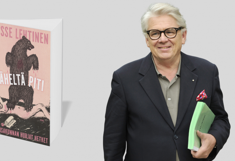 Kuvassa on vasemmalla kirjan kansi, joka on vaalea roosa ja siinä on pystyssä olevan karhun kuva. Se seisoo alastoman makaavan, alastoman naisen päällä. Ylhäällä on nimi Lasse Lehtinen ja keskellä nimi Läheltä piti. Oikealla on Lasse Lehtinen mustassa takissa puolivartalokuvassa ja vaalean vihreä konseptipino vasemmassa kädessään.