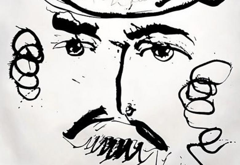 Kuvassa on valkoisella pohjalla Reidar Särestöniemen omakuva kasvoista mustilla viivoilla kuvattuna. 