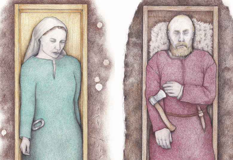Kuvassa on piirrokset kahdesta avoimesta arkusta. Vasemmalla on nainen vaaleassa huivissa ja turkoosissa mekossa. Oikealla on mies, jolla on lila pitkä paita päällään.