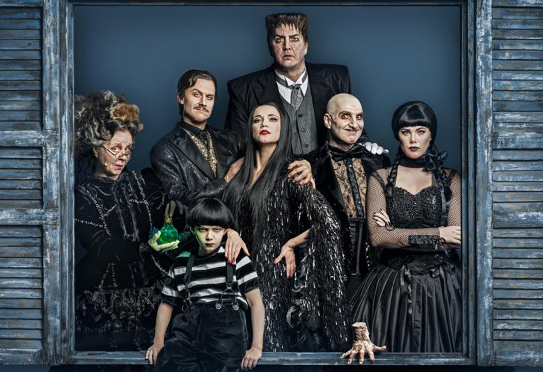 Kuvassa on Adams Familyn kuusi aikuista mustissa vaatteissa ryhdikkäässä yhteiskuvassa. Edessä on musta-valkoraidallisessa paidassa pikkupoika.  Sivussa on harmaat puiset ikkunaluukut molemmin puolin.