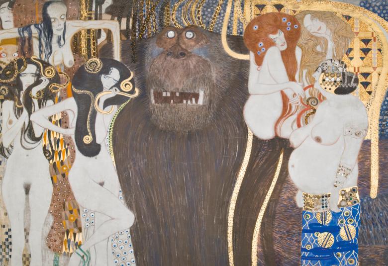  Kuvassa on vasemmalla kolme alastonta nuorta naista, joilla on tummat hiukset kultaisin koristein ja taustalla on kaksi naista. Keskellä on ruskea gorillamainen hahmo. Oikealla nainen ylempänä istumassa ja vieressään iso vatsainen mies sinikuvioisissa housuissa.