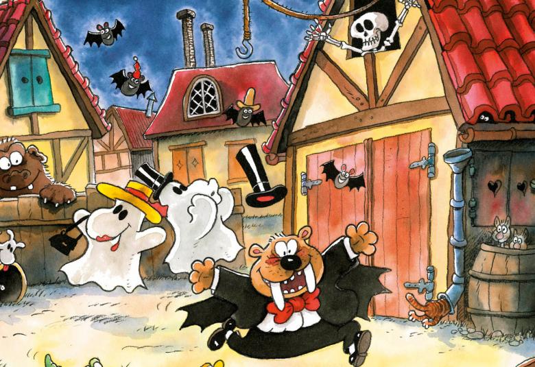 Kuvassa on Mauri Kunnaksen kuvitushahmoja kelta-ruskeiden tiilikattoisten talojen keskellä. Etualalla on mustassa puvussa juokseva hahmo ja taaempana kaksi muumimaista valkoista hahmoa. Vasemmalla kurkkii ruskea, pörröinen hahmo muurin takaa.