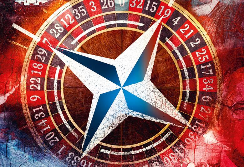 Kuvassa on laivan kompassi ja siinä on sini-valkoinen tähtikuvio, jonka alla on pyöreä astetaulukko puna-ruskealla alustalla. Kuva on osa kirjan kantta.