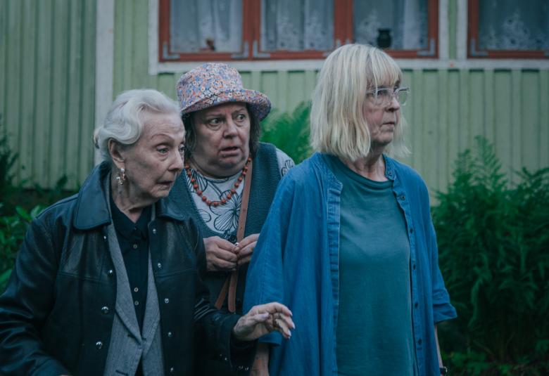 Kuvassa ovat vasemmalta SEela Sella tummassa takissa vieressään Leena Uotila pikässä sinisessä farkkutakissa ja sinisessä puserossa. Heidän välissään kurkkii Sanna-Kaisa Palo harmaan kirjavassa hatussa. Taustalla on vaalean vihreä talo, jossa on ikkunassa ruskeat karmit.